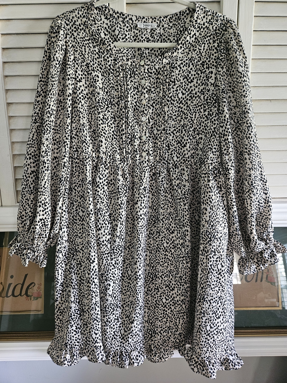 JODIFL Animal Print Babydoll Dress Cream Black Ruffle Pintuck Sz Small